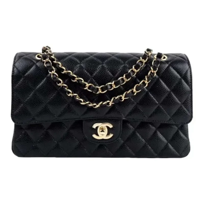 Chanel Women Small Classic Handbag in Grained Calfskin Gold Tone Metal-Black