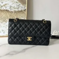 Chanel Women Small Classic Handbag in Grained Calfskin Gold Tone Metal-Black (1)