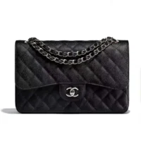 Chanel Women Small Classic Handbag in Grained Calfskin Silver Tone Metal-Black (1)