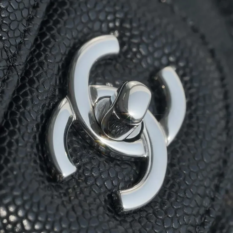 Chanel Women Small Classic Handbag in Grained Calfskin Silver Tone Metal-Black