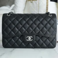 Chanel Women Small Classic Handbag in Grained Calfskin Silver Tone Metal-Black (1)