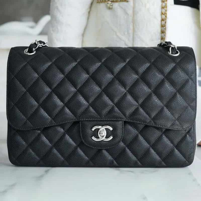 Chanel Women Small Classic Handbag in Grained Calfskin Silver Tone Metal-Black