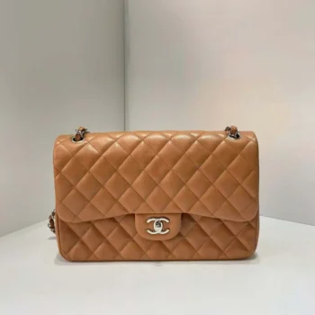 Chanel Women Small Classic Handbag in Lambskin Leather-Dark Beige