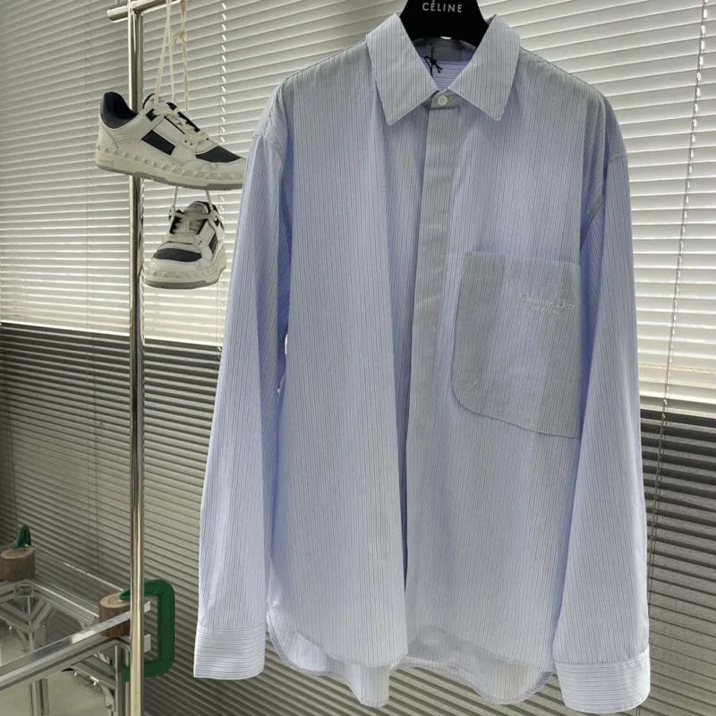 Dior Men Christian Dior Couture Embroidery Shirt Light Blue Striped Cotton Poplin