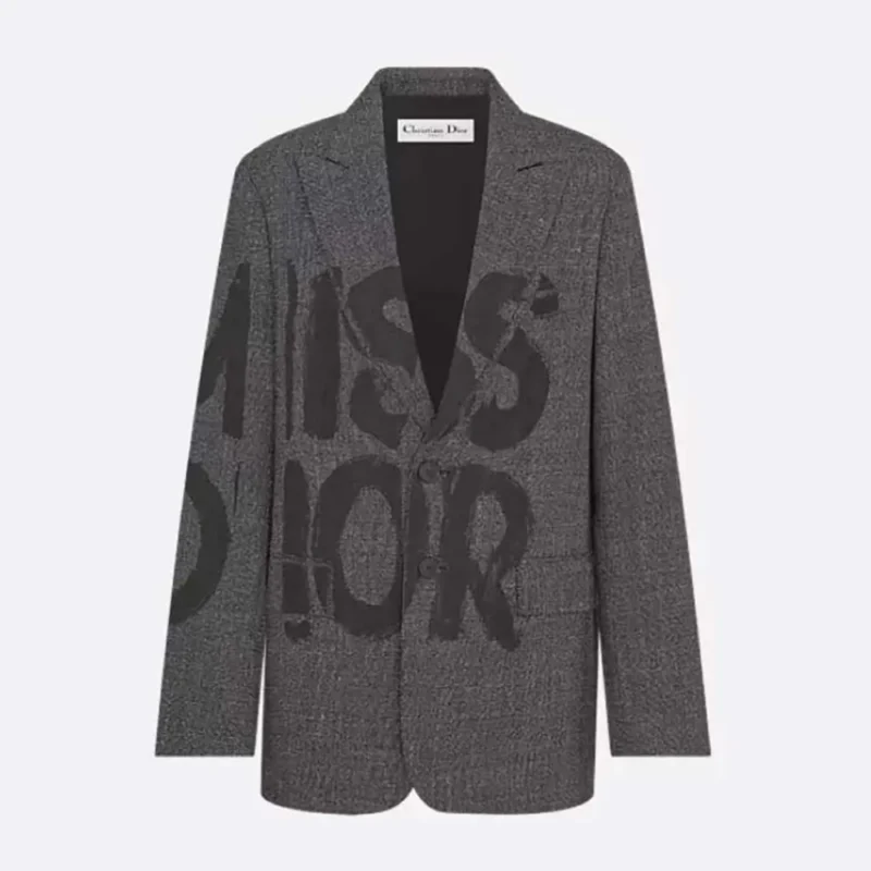 Dior Women Blazer Gray End-on-End Virgin Wool with Black Miss Dior Graffiti Motif