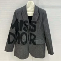 Dior Women Blazer Gray End-on-End Virgin Wool with Black Miss Dior Graffiti Motif (1)