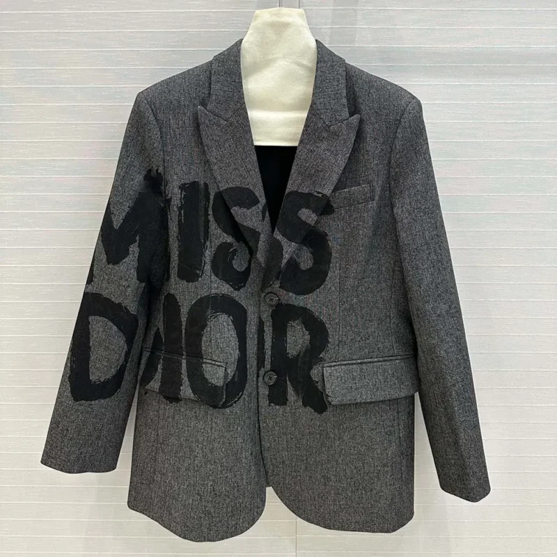 Dior Women Blazer Gray End-on-End Virgin Wool with Black Miss Dior Graffiti Motif