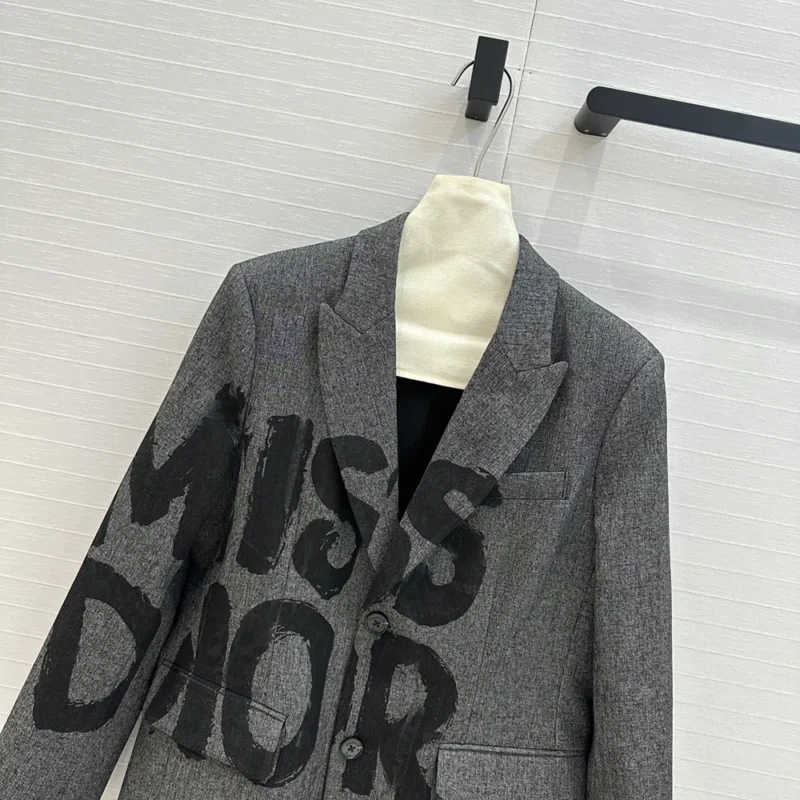 Dior Women Blazer Gray End-on-End Virgin Wool with Black Miss Dior Graffiti Motif