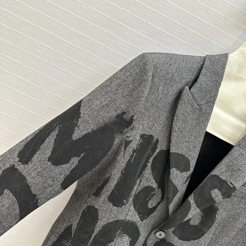 Dior Women Blazer Gray End-on-End Virgin Wool with Black Miss Dior Graffiti MotifDior Women Blazer Gray End-on-End Virgin Wool with Black Miss Dior Graffiti Motif