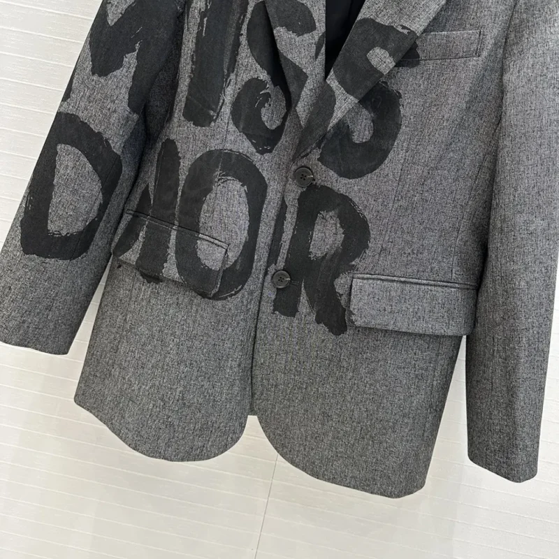 Dior Women Blazer Gray End-on-End Virgin Wool with Black Miss Dior Graffiti Motif