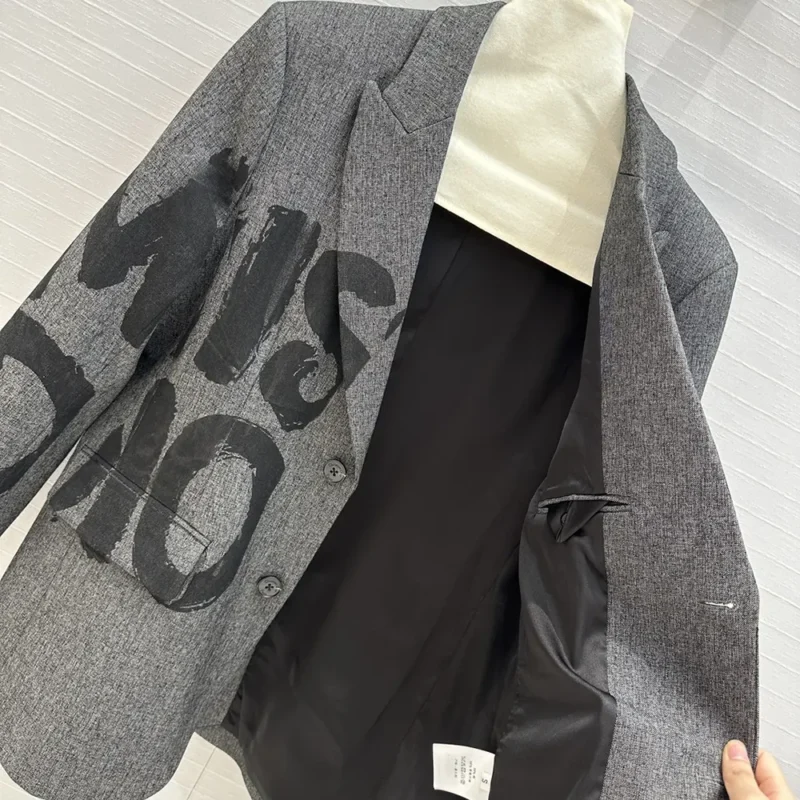 Dior Women Blazer Gray End-on-End Virgin Wool with Black Miss Dior Graffiti Motif