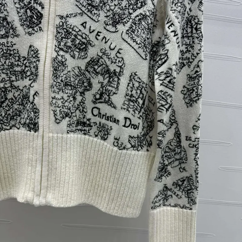 Dior Women DiorAlps Mock-Neck Cardigan White and Black Wool and Cashmere Knit