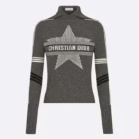 Dior Women DiorAlps Mock Neck Sweater Gray Virgin Wool and Cashmere Knit with White Dior Star Motif