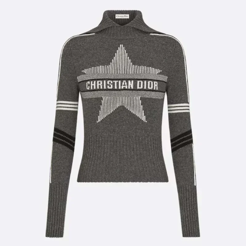 Dior Women DiorAlps Mock Neck Sweater Gray Virgin Wool and Cashmere Knit with White Dior Star Motif