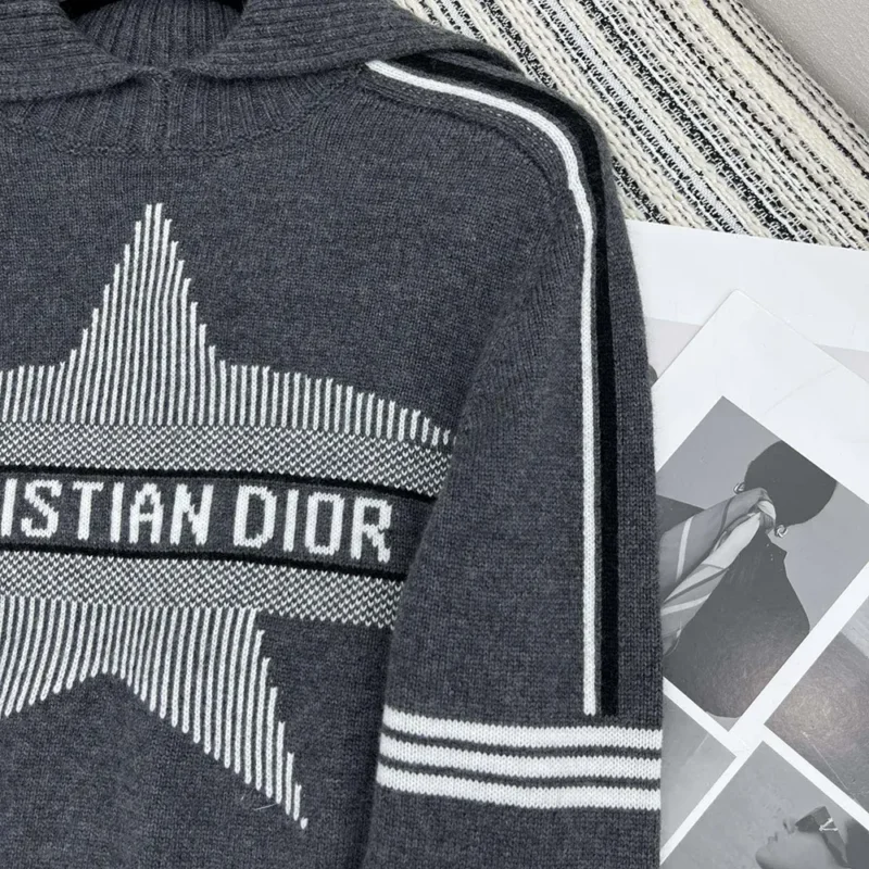 Dior Women DiorAlps Mock Neck Sweater Gray Virgin Wool and Cashmere Knit with White Dior Star Motif