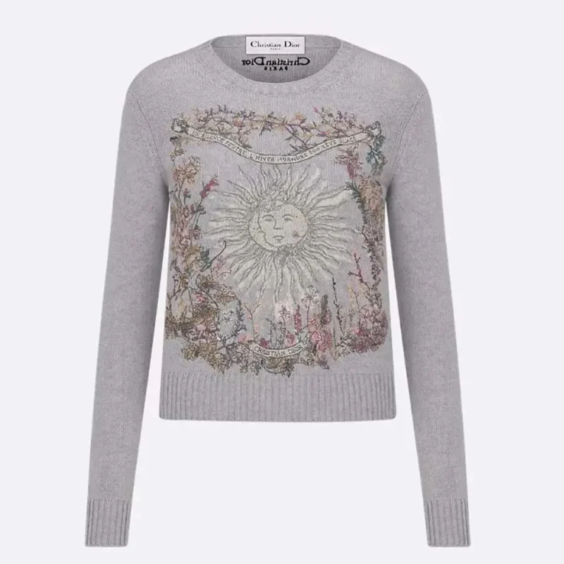 Dior Women Embroidered Sweater Gray Cashmere Knit with Multicolor Dior 4 Saisons Hiver Motif