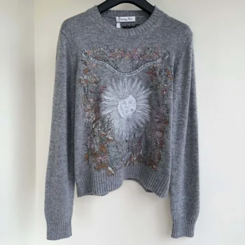 Dior Women Embroidered Sweater Gray Cashmere Knit with Multicolor Dior 4 Saisons Hiver Motif