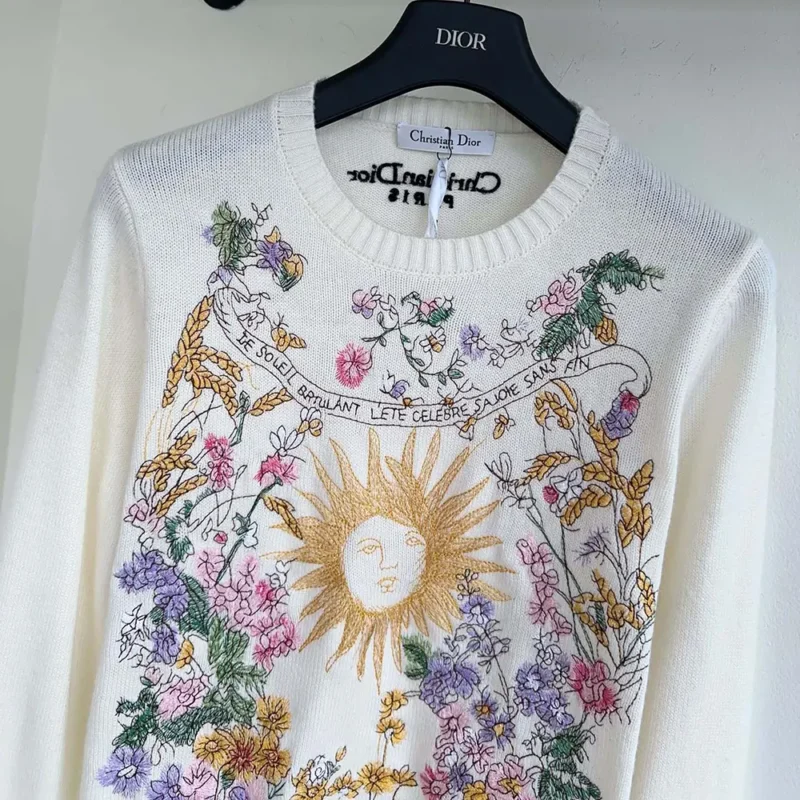 Dior Women Embroidered Sweater White Cashmere Knit with Multicolor Dior 4 Saisons Été Motif