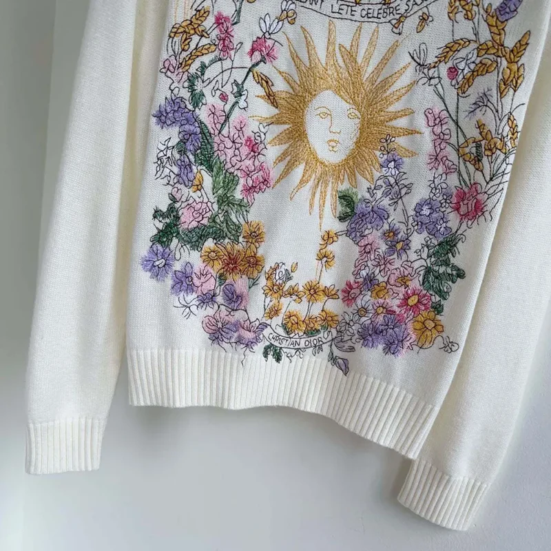 Dior Women Embroidered Sweater White Cashmere Knit with Multicolor Dior 4 Saisons Été Motif