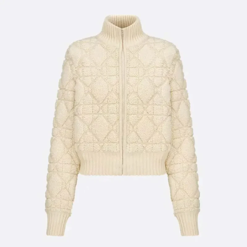 Dior Women Macrocannage Zipped Cardigan White Wool- and Cashmere-Blend Knit