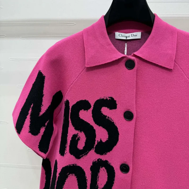 Dior Women Short-Sleeved Jacket Fuchsia Technical Knit with Black Miss Dior Graffiti Motif