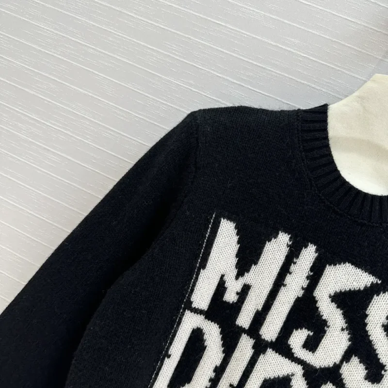 Dior Women Sweater Black Cashmere and Silk Knit with White Miss Dior Graffiti Motif