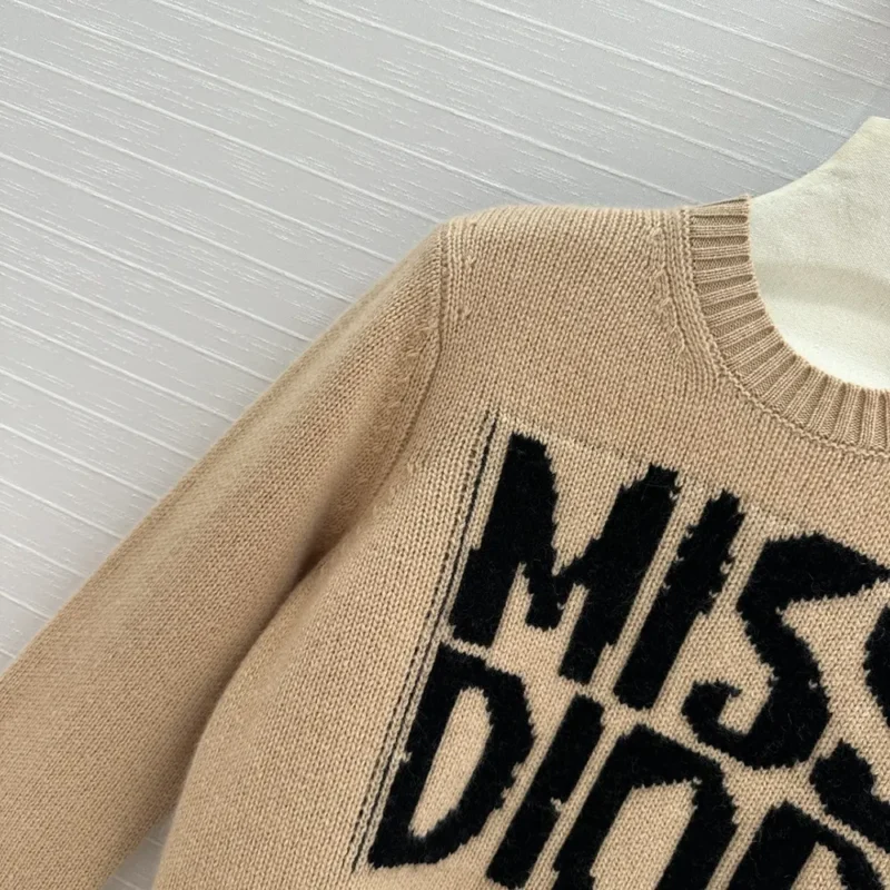 Dior Women Sweater Pale Pink Cashmere and Silk Knit with Black Miss Dior Graffiti Motif