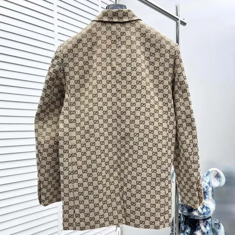 Gucci Men Wool Jacket with GG Shadow-Gray/Beige