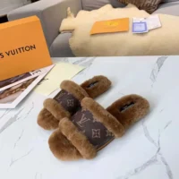 Louis Vuitton LV Women Lock It Flat Comfort Mule Brown Shearling Monogram Flowers (1)