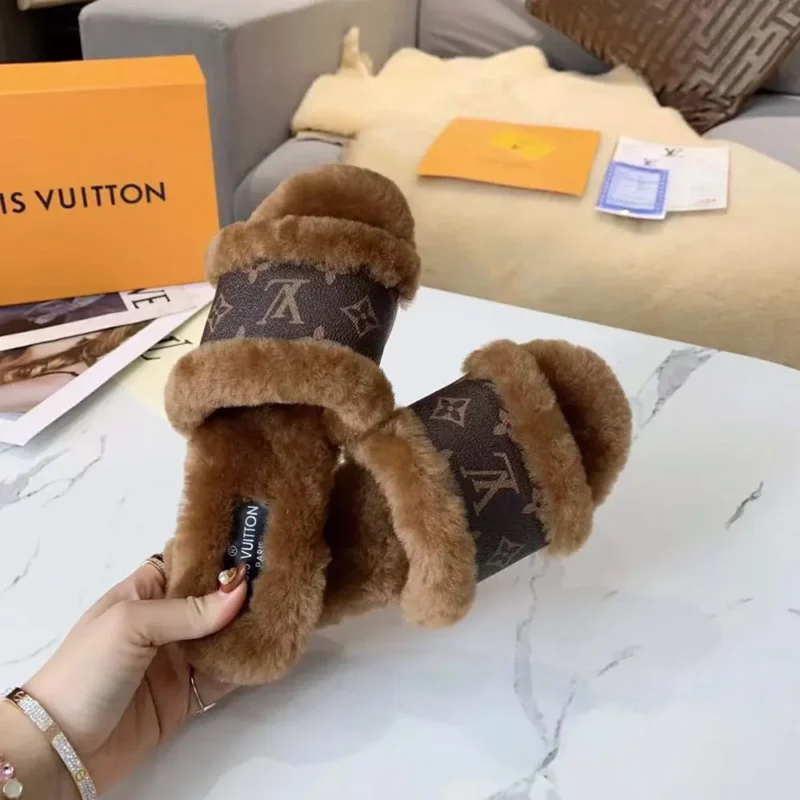 Louis Vuitton LV Women Lock It Flat Comfort Mule Brown Shearling Monogram Flowers