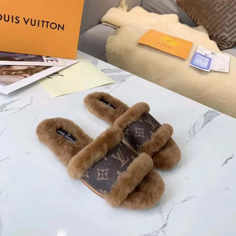 Louis Vuitton LV Women Lock It Flat Comfort Mule Brown Shearling Monogram Flowers