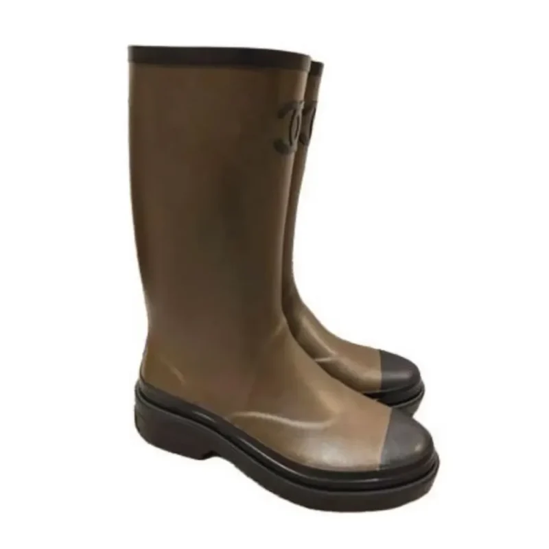 Chanel Women CC Monogram Bicolor Rain Boots Brown Black