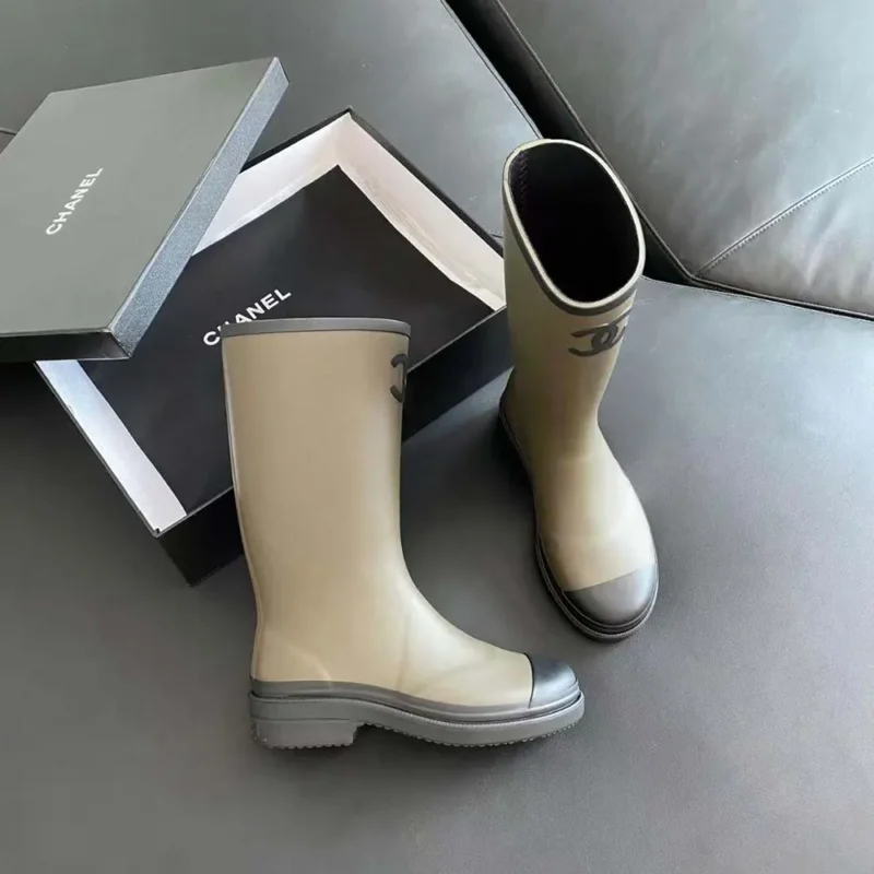 Chanel Women CC Monogram Bicolor Rain Boots Brown Black