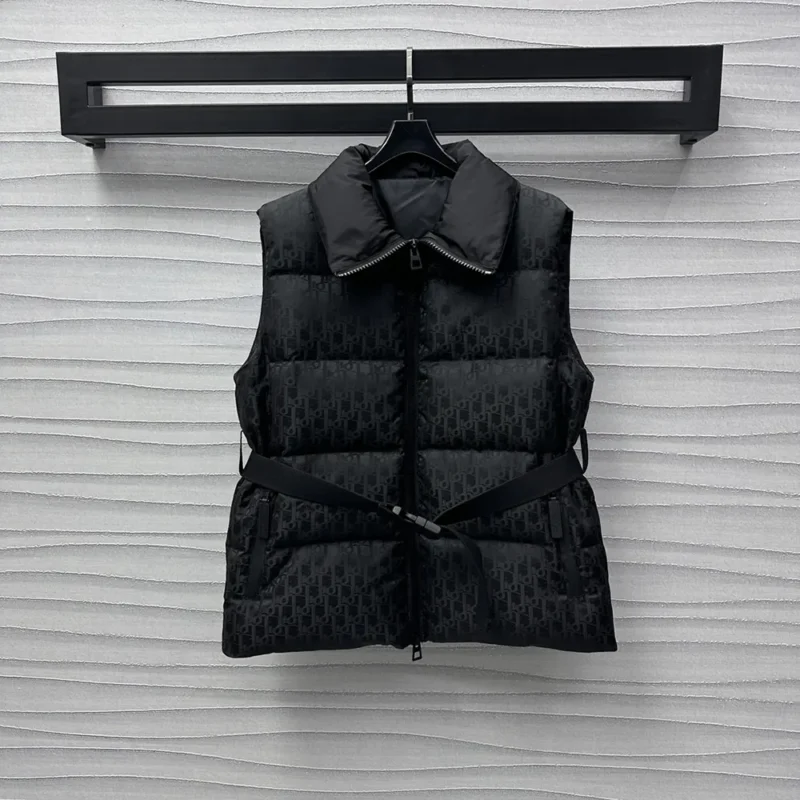 DiorAlps Belted Puffer Vest Black Quilted Technical Taffeta Jacquard