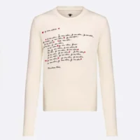 Dioramour Embroidered Sweater White Cashmere Knit with Black and Red Je Vous Adore Motif