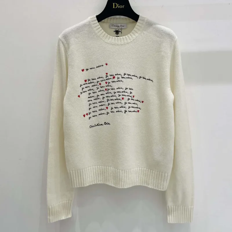 Dioramour Embroidered Sweater White Cashmere Knit with Black and Red Je Vous Adore Motif