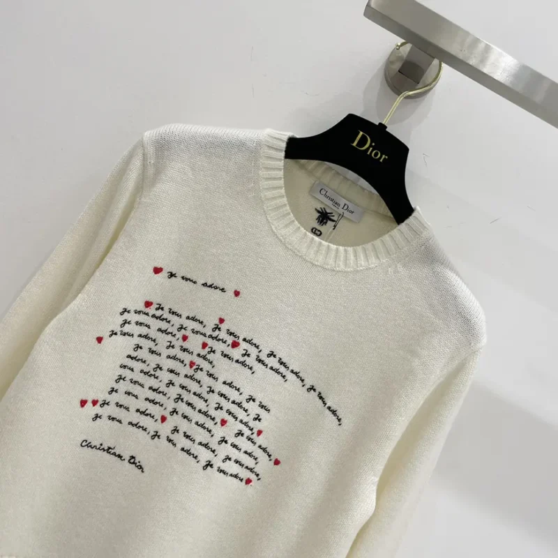 Dioramour Embroidered Sweater White Cashmere Knit with Black and Red Je Vous Adore Motif