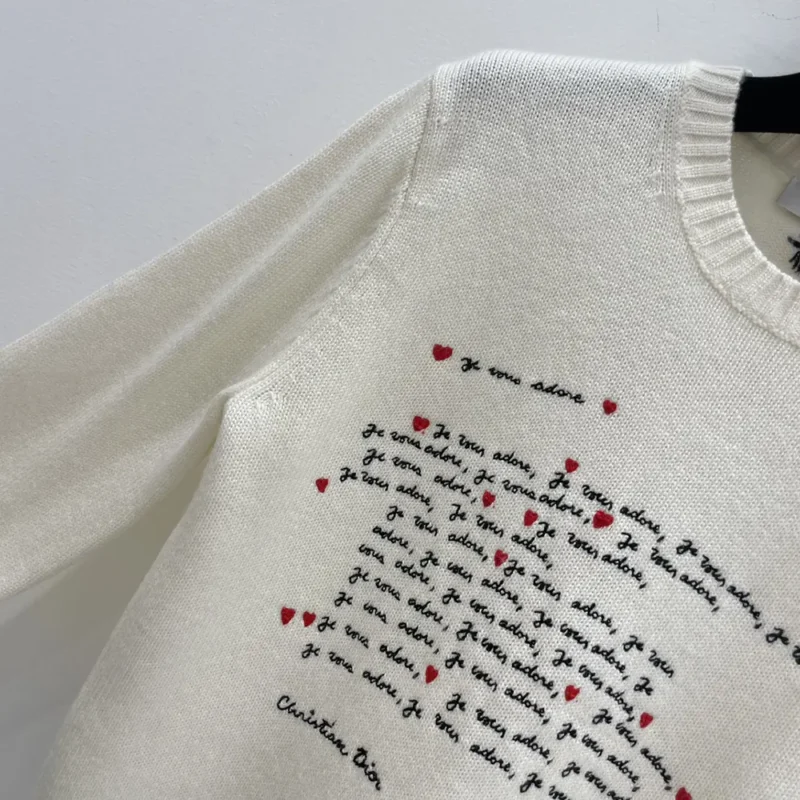 Dioramour Embroidered Sweater White Cashmere Knit with Black and Red Je Vous Adore Motif