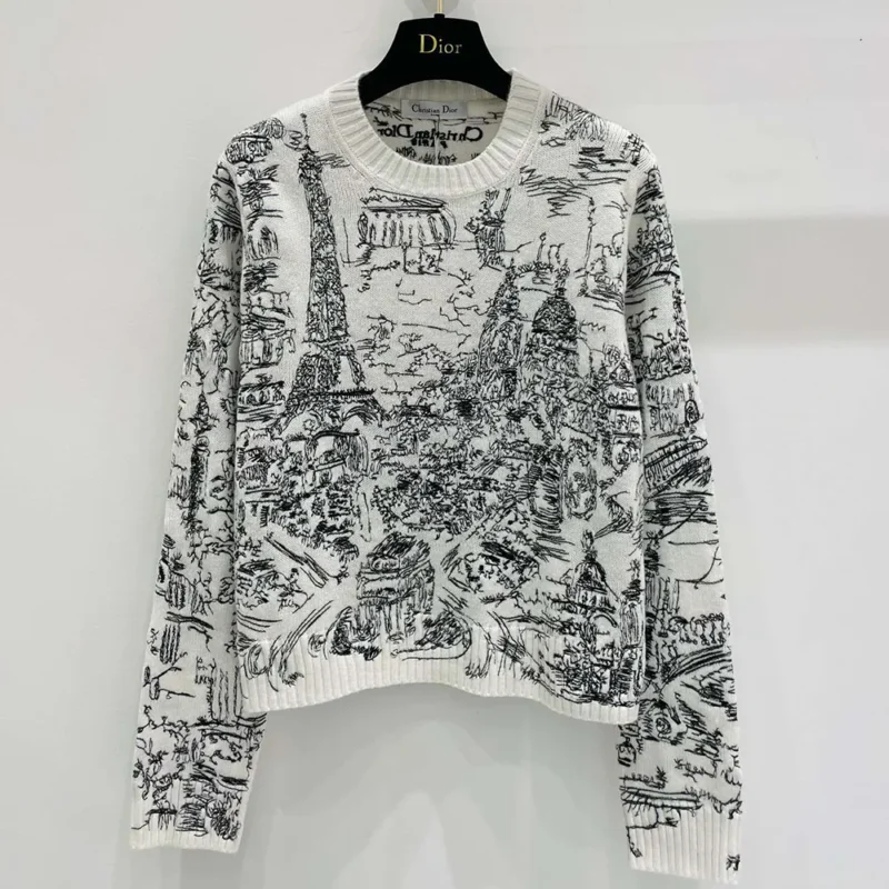 Dior Women Embroidered Sweater White and Black Cashmere Knit with Paris Allover Motif