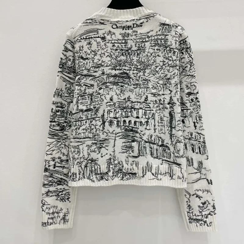 Dior Women Embroidered Sweater White and Black Cashmere Knit with Paris Allover Motif