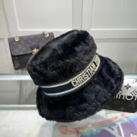 Dior Unisex D-Bobby Cannage Small Brim Bucket Hat Black Shearling (1)