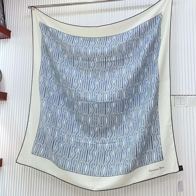 Dior Unisex Miss Dior Allover 90 Square Scarf White and Pale Blue Silk Twill