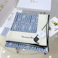 Dior Unisex Miss Dior Allover 90 Square Scarf White and Pale Blue Silk Twill (1)