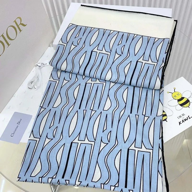 Dior Unisex Miss Dior Allover 90 Square Scarf White and Pale Blue Silk Twill