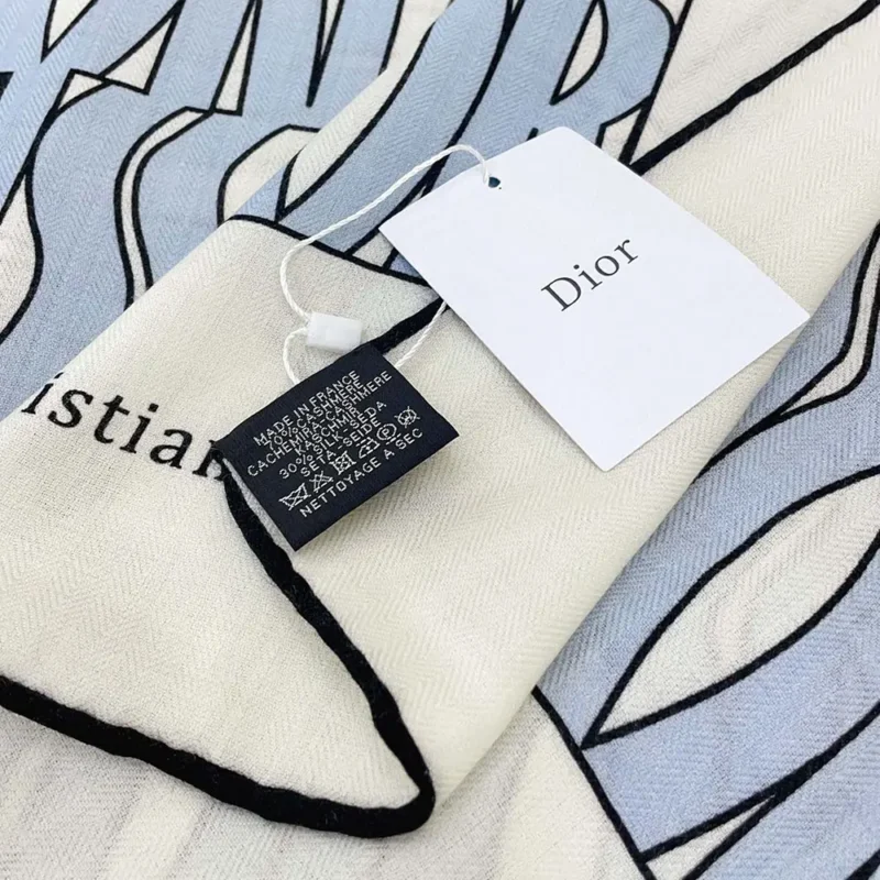 Dior Unisex Miss Dior Allover 90 Square Scarf White and Pale Blue Silk Twill