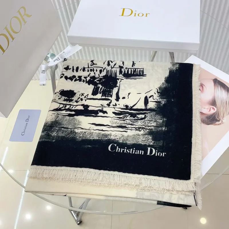 Dior Unisex Paris 90 Square Scarf Ecru and Black Silk Twill