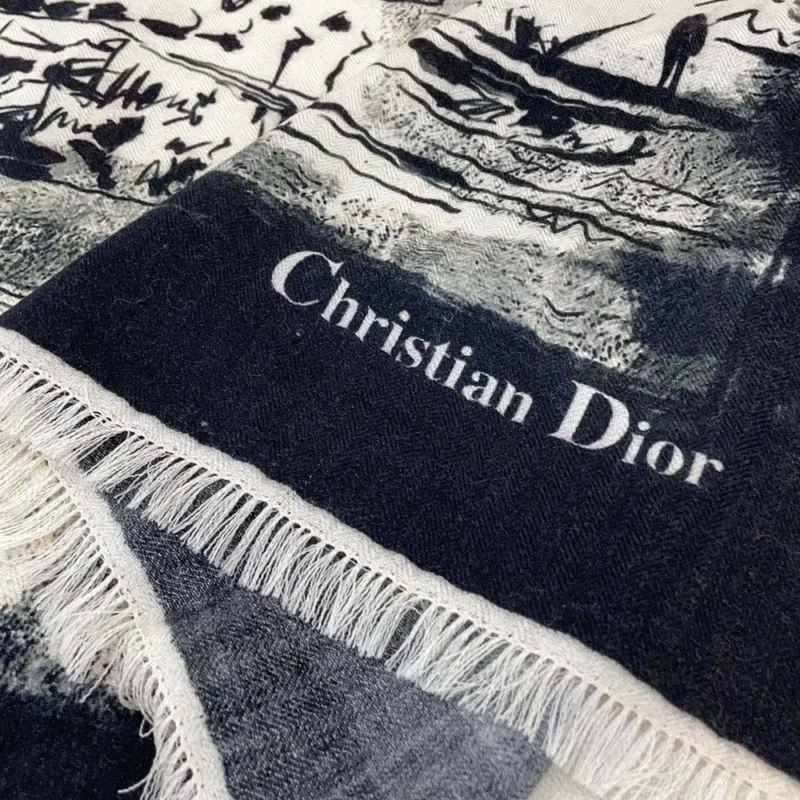 Dior Unisex Paris 90 Square Scarf Ecru and Black Silk Twill