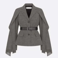 Dior Women Belted Jacket with Removable Scarf Gray Virgin Wool Tweed