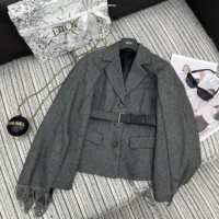 Dior Women Belted Jacket with Removable Scarf Gray Virgin Wool Tweed (1)