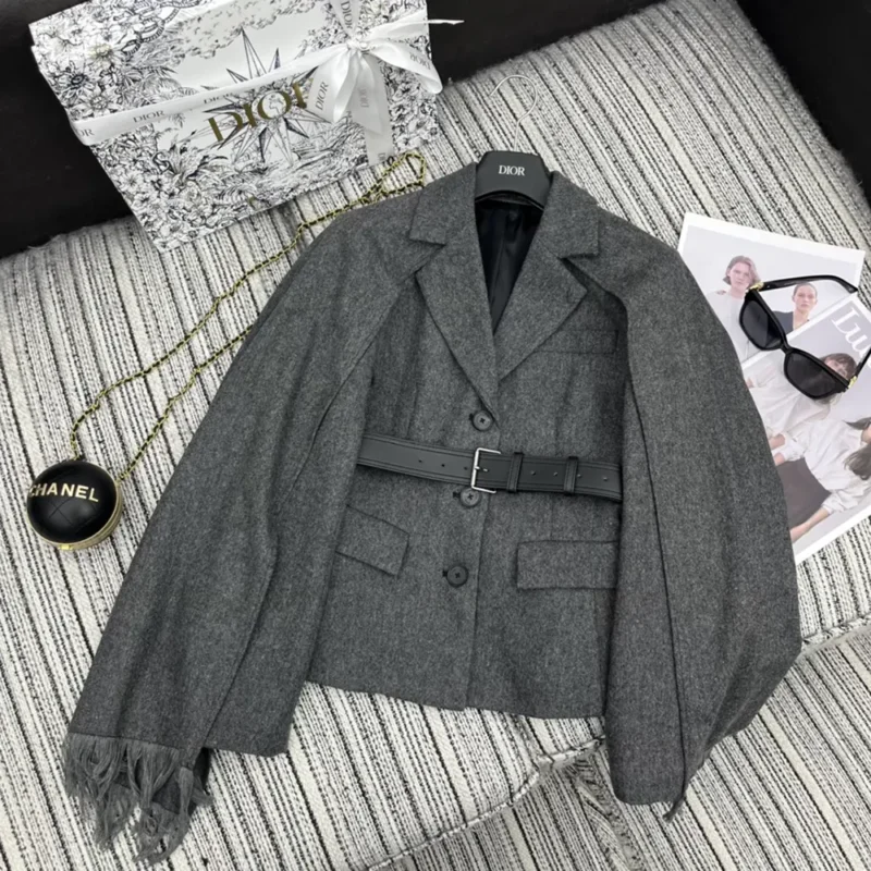 Dior Women Belted Jacket with Removable Scarf Gray Virgin Wool Tweed